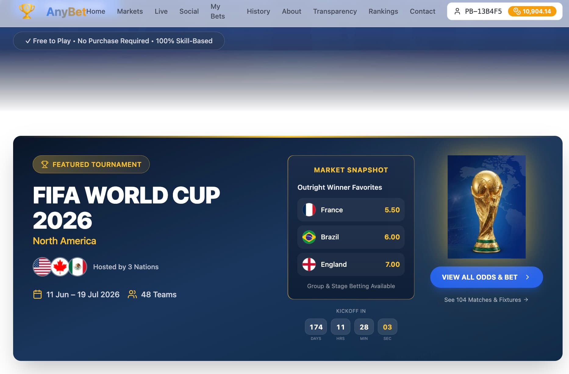 AnyBet sports betting web application interface displaying live football odds, betting slip with virtual tokens, and user leaderboard rankings