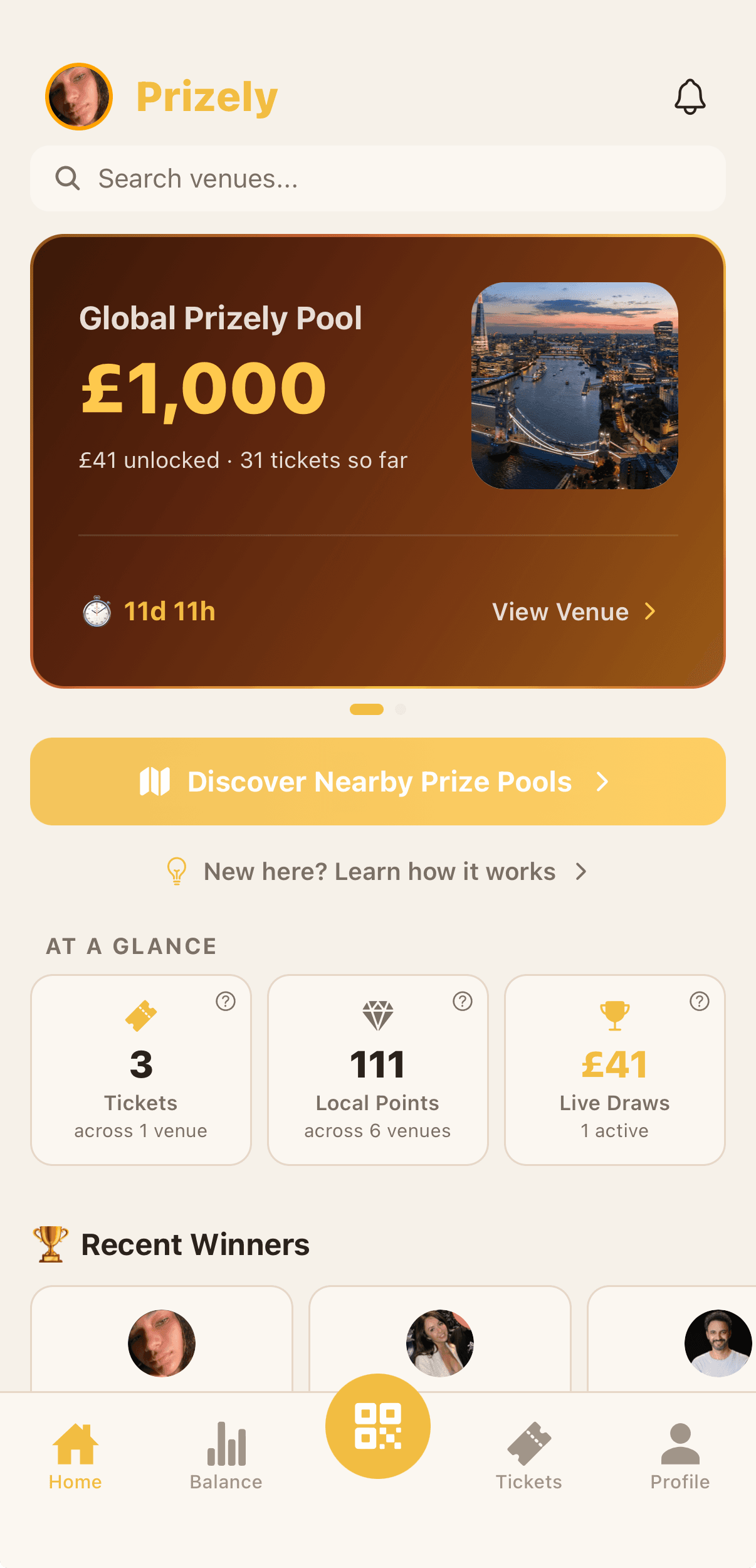 Prizely iOS app home screen showing a Global Prizely Pool with £1,000 prize, £41 unlocked, 31 tickets so far, an 11-day 11-hour countdown, and an At-A-Glance dashboard with ticket and Local Point counts.
