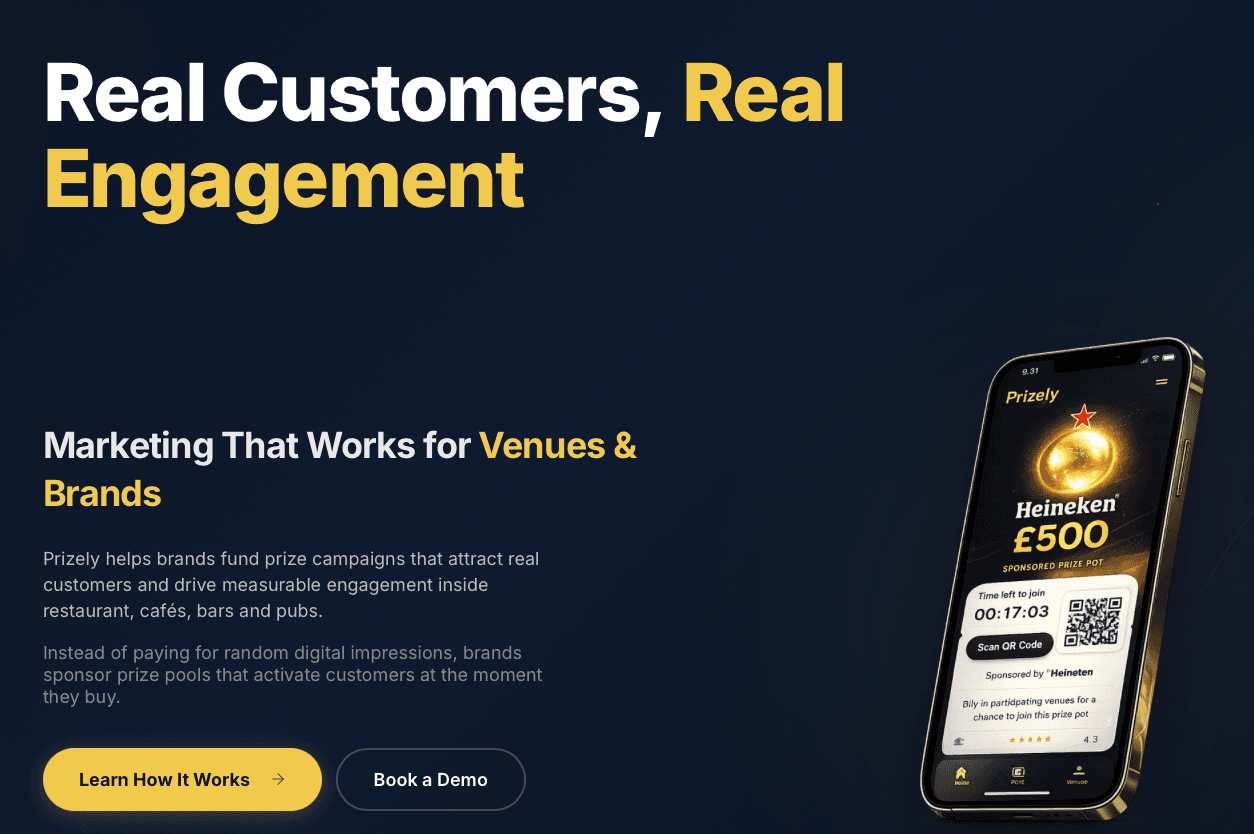 Prizely marketing platform hero — Real Customers, Real Engagement. Brand-funded prize pools shown alongside an iOS phone mockup with a Heineken £500 prize and QR redemption screen.
