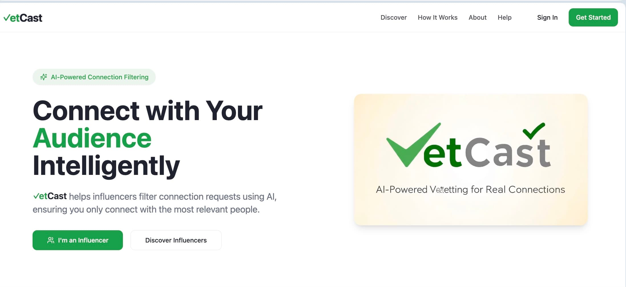 VetCast AI assistant dashboard showing filtered connection requests with priority scores, sender analysis, and AI-generated relevance summaries